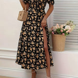 Neema - Floral puff sleeves with slit dress