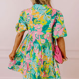 Nina - Floral Print Babydoll Dress with Puff Sleeves and Buttoned Front