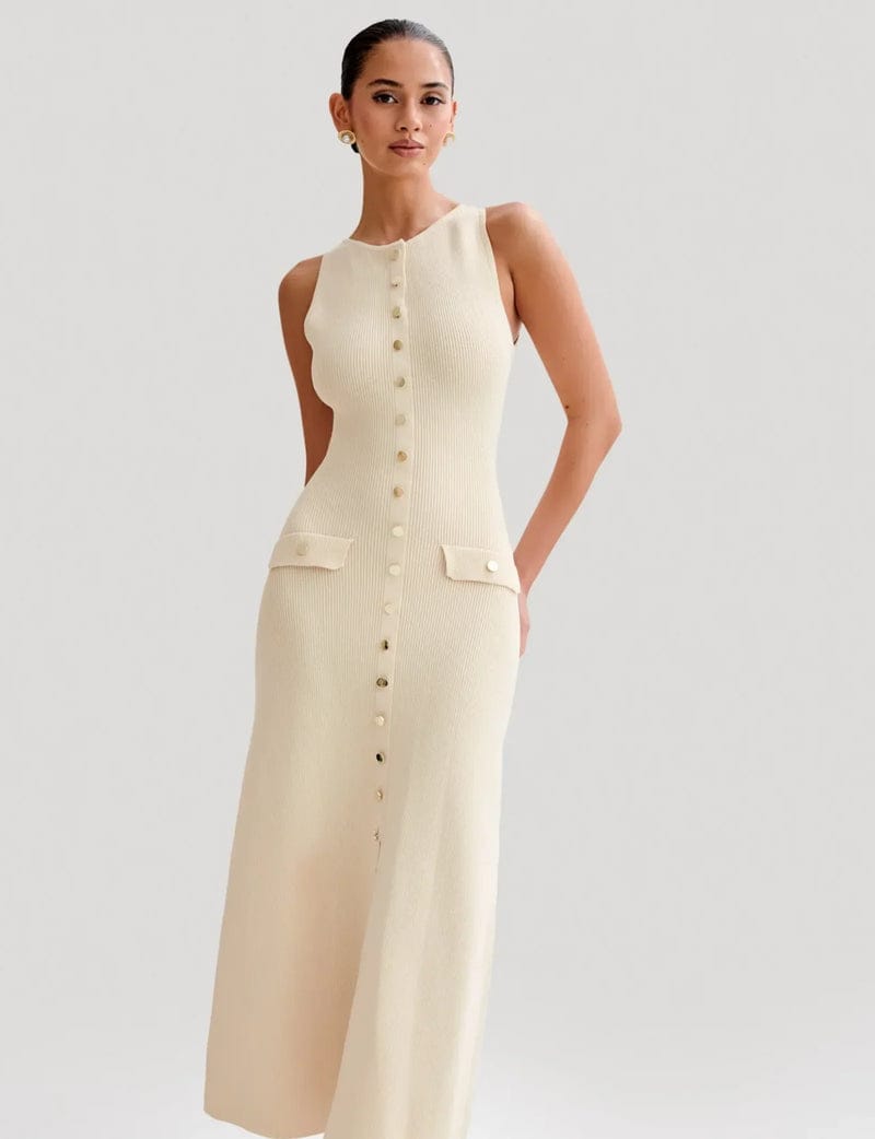 Modinzi Beige Gold / 6 Buttercream Elegance – Sleeveless Button Maxi