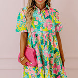 Nina - Floral Print Babydoll Dress with Puff Sleeves and Buttoned Front