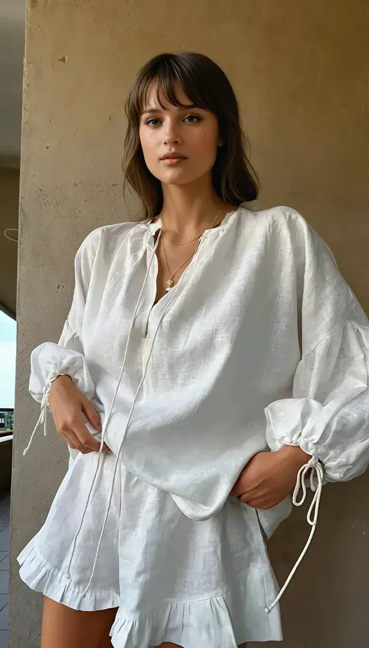 Modinzi Sets Coastal Charm Ruffle Linen Set – Effortless Two-Piece Summer Ensemble