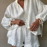 Modinzi Sets White / 8 (S) Coastal Charm Ruffle Linen Set – Effortless Two-Piece Summer Ensemble