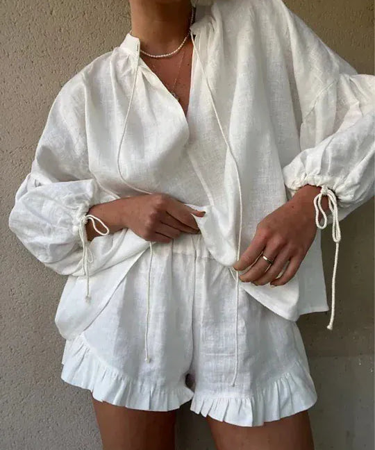 Modinzi Sets White / 8 (S) Coastal Charm Ruffle Linen Set – Effortless Two-Piece Summer Ensemble