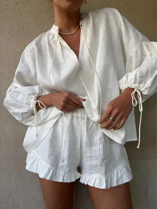 Modinzi Sets White / 8 (S) Coastal Charm Ruffle Linen Set – Effortless Two-Piece Summer Ensemble