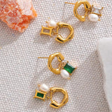 Neva - Geometric emerald earrings with pearl detail