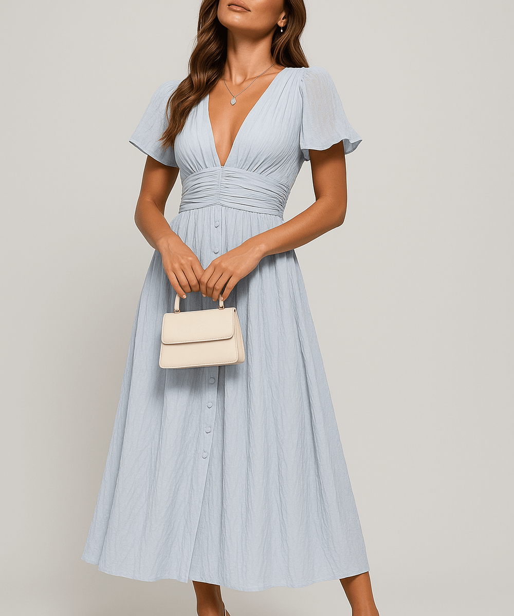 Modinzi Midi dress Blue / 8 (S) Elegant Puff Sleeve Button-Front Midi Dress