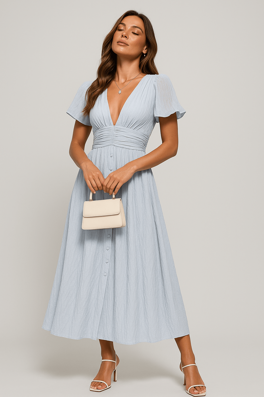 Modinzi Midi dress Blue / 8 (S) Elegant Puff Sleeve Button-Front Midi Dress