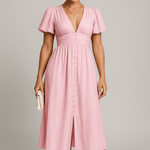 Modinzi Midi dress Pink / 8 (S) Elegant Puff Sleeve Button-Front Midi Dress