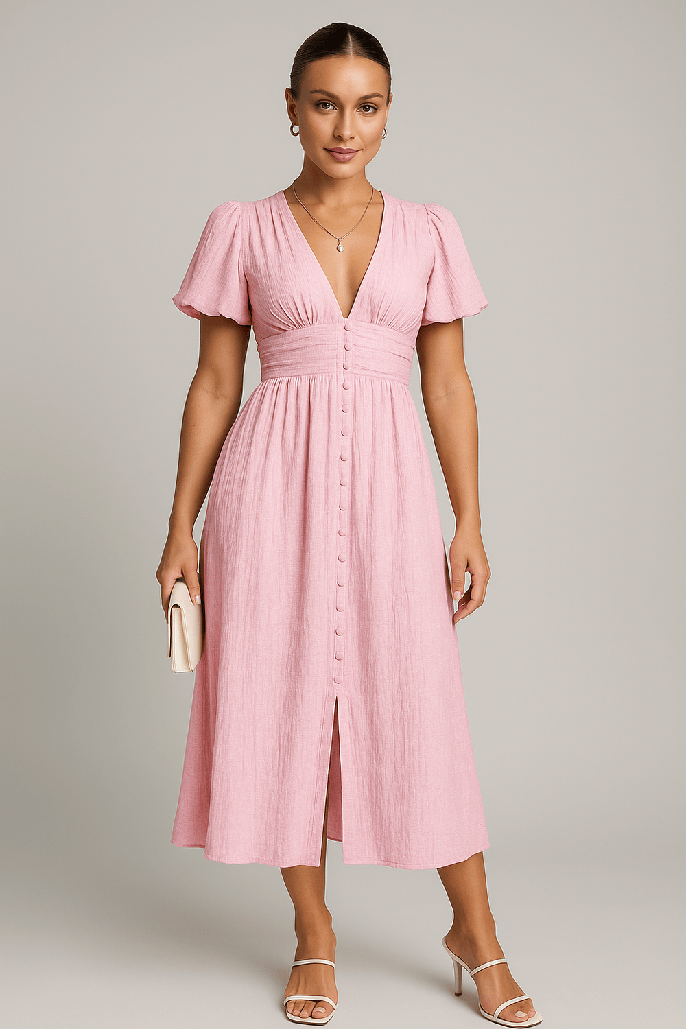 Modinzi Midi dress Pink / 8 (S) Elegant Puff Sleeve Button-Front Midi Dress