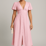Modinzi Midi dress Pink / 8 (S) Elegant Puff Sleeve Button-Front Midi Dress