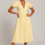 Modinzi Midi dress Yellow / 8 (S) Elegant Puff Sleeve Button-Front Midi Dress