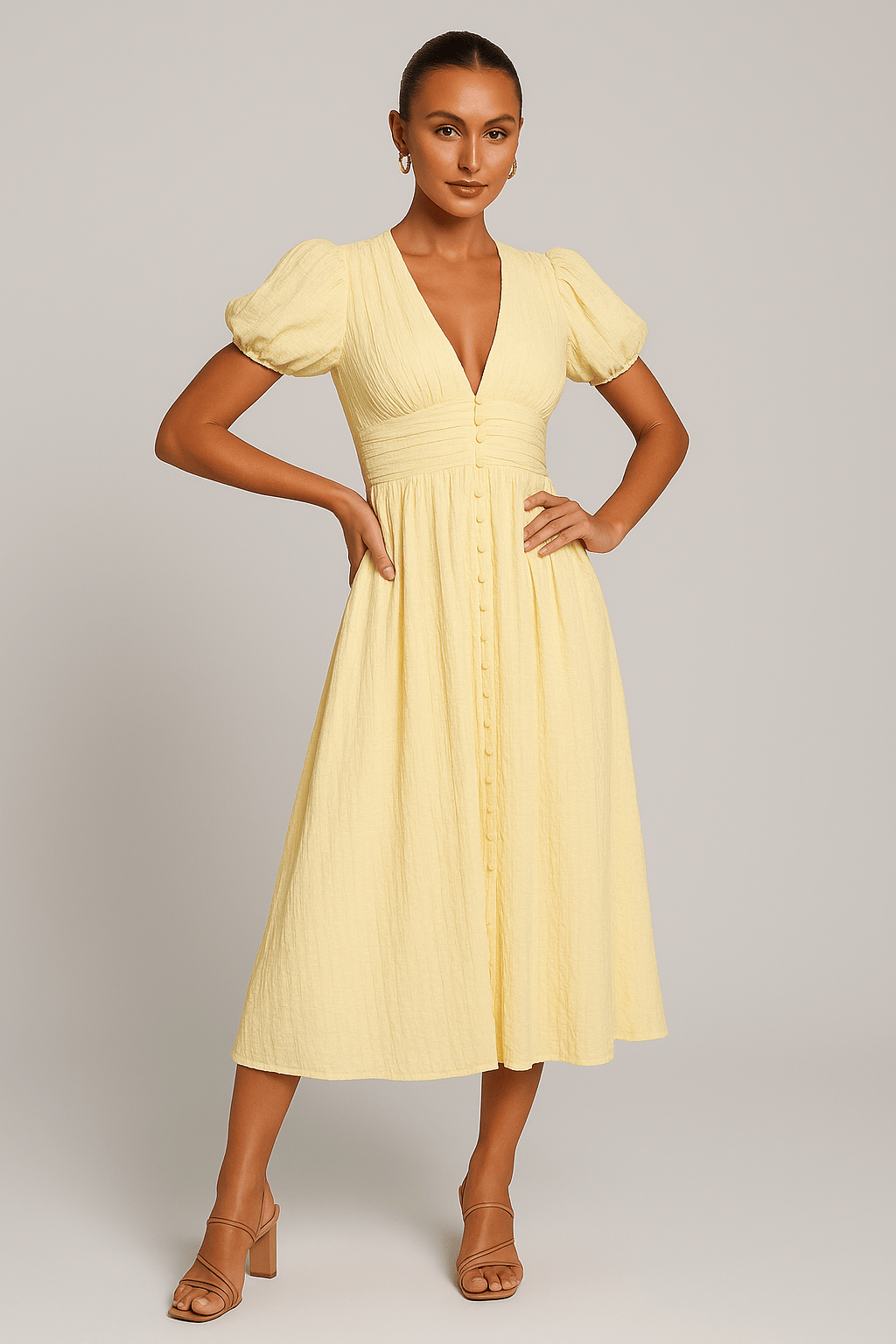 Modinzi Midi dress Yellow / 8 (S) Elegant Puff Sleeve Button-Front Midi Dress