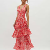 Modinzi Maxi dress dark pink / 8 (S) Elegant Ruffle Layer Maxi Dress – Strappy Back Formal Evening Dress