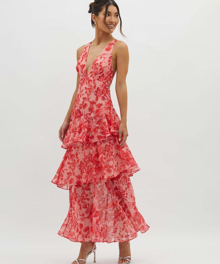 Modinzi Maxi dress dark pink / 8 (S) Elegant Ruffle Layer Maxi Dress – Strappy Back Formal Evening Dress