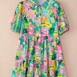 Nina - Floral Print Babydoll Dress with Puff Sleeves and Buttoned Front