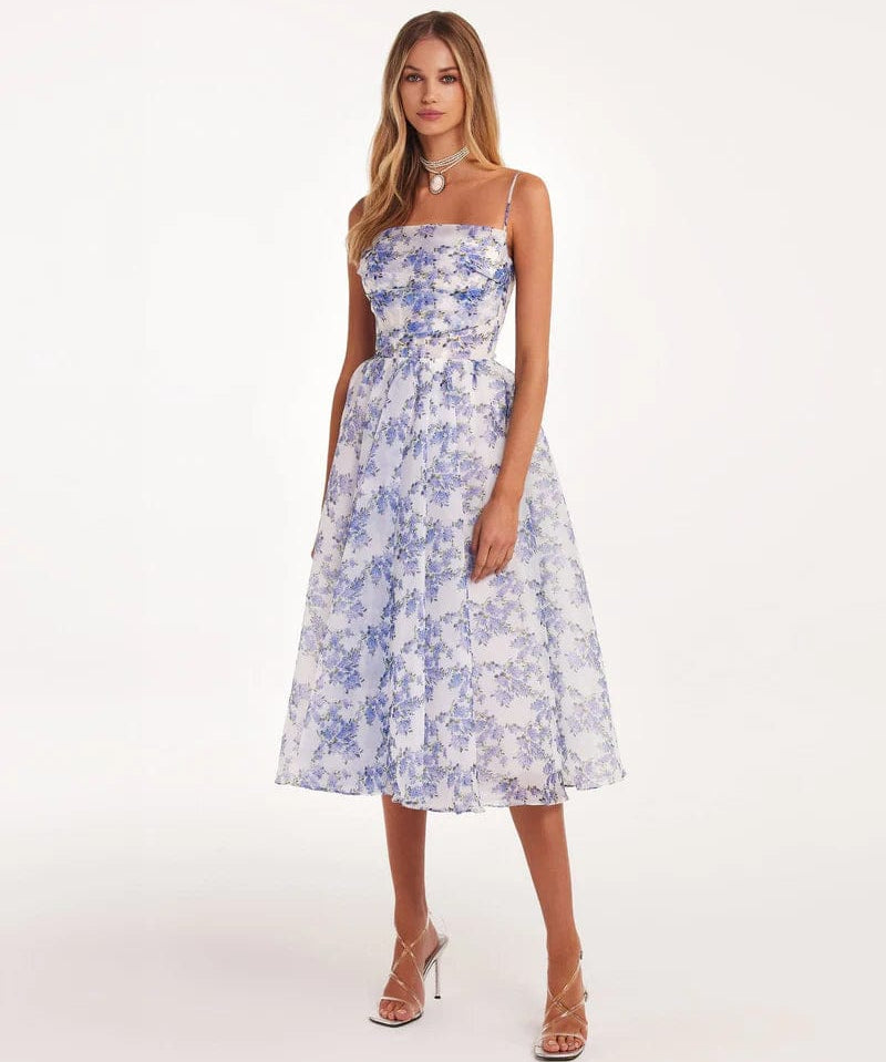 Modinzi Midi dress light blue / 8 (S) Floral Corset Midi Dress – Romantic Organza A-Line Silhouette