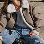 Modinzi Khaki / 6 (XS) Frey Line – Shearling Trim Aviator Jacket