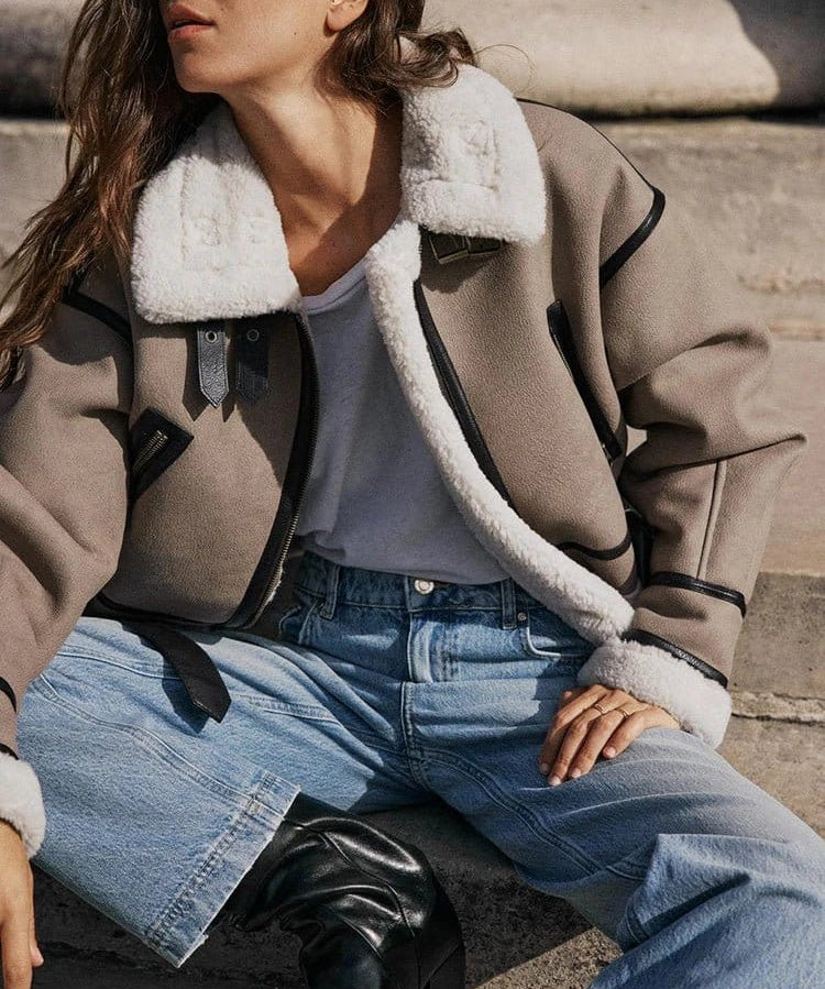 Modinzi Khaki / 6 (XS) Frey Line – Shearling Trim Aviator Jacket