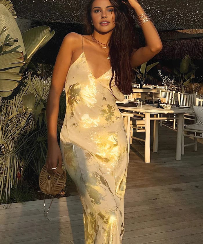 Modinzi Maxi dress Gold / 6 (XS) Golden Hour Satin Maxi Dress – Backless Metallic Slip Gown