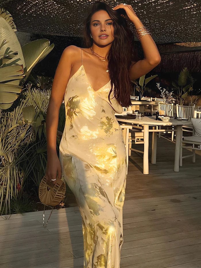 Modinzi Maxi dress Gold / 6 (XS) Golden Hour Satin Maxi Dress – Backless Metallic Slip Gown