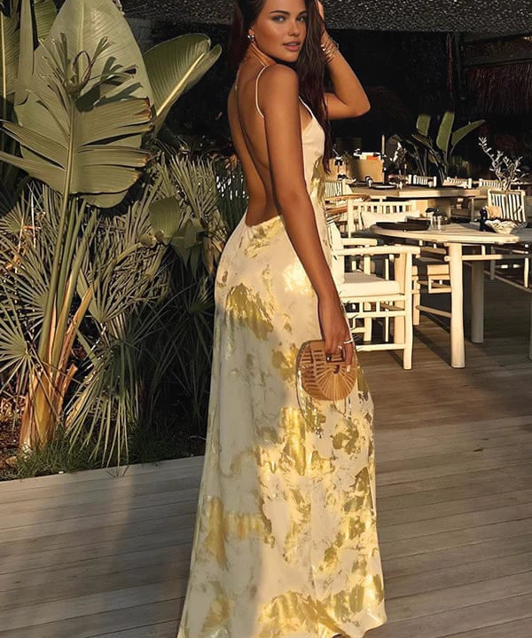 Modinzi Maxi dress Golden Hour Satin Maxi Dress – Backless Metallic Slip Gown