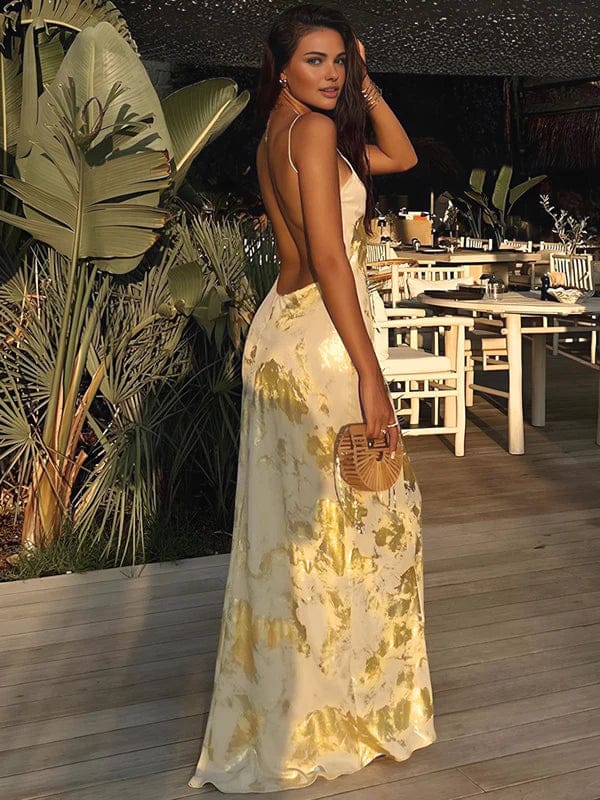 Modinzi Maxi dress Golden Hour Satin Maxi Dress – Backless Metallic Slip Gown