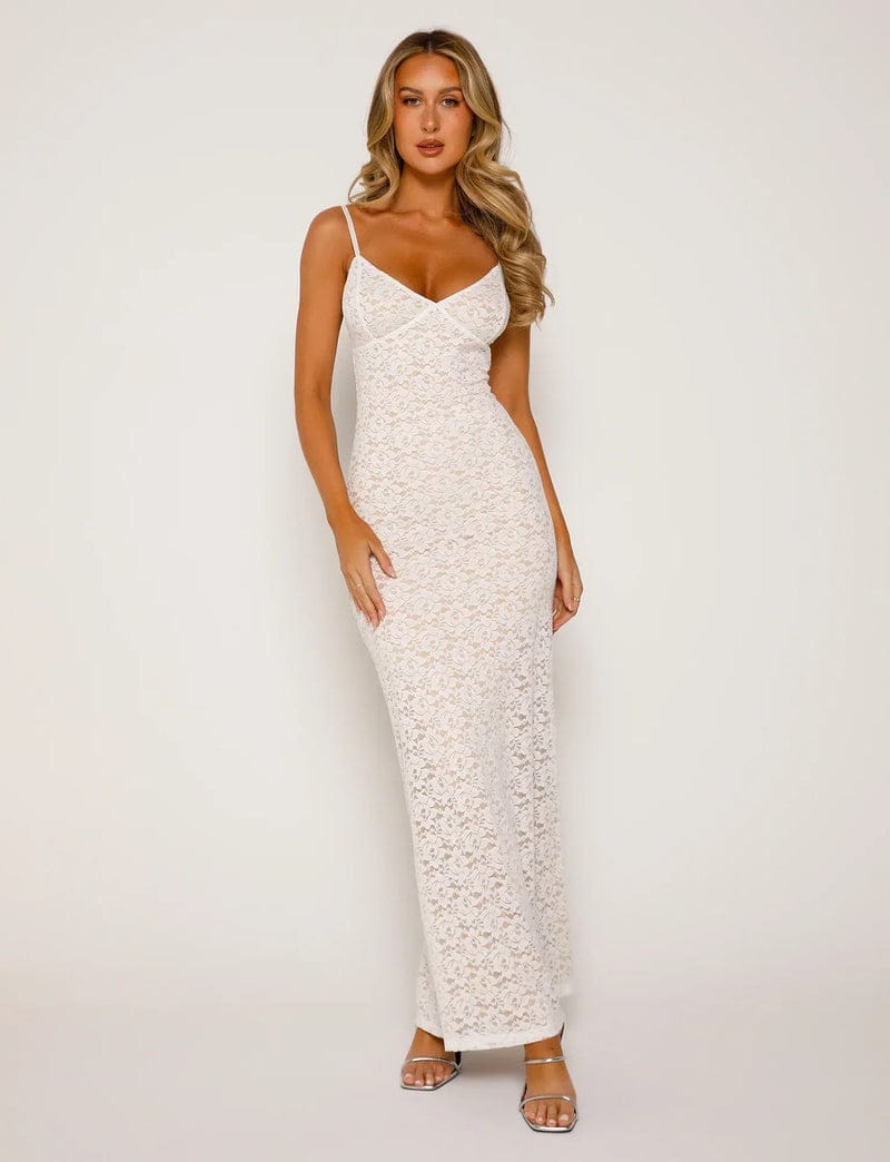 Modinzi White / 6 Ivory Elegance – Lace Column Dress