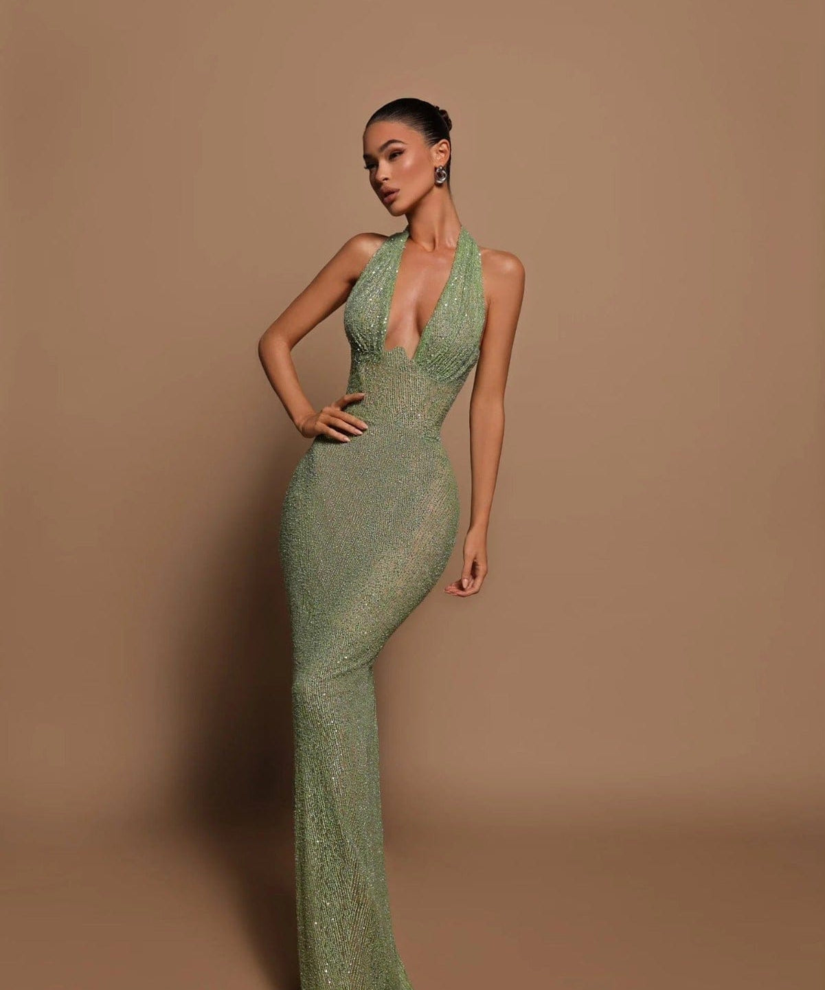 Modinzi Maxi dress Luna’s Enchanted Emerald Gown – Shimmering Halter Neck Sequin Maxi Dress