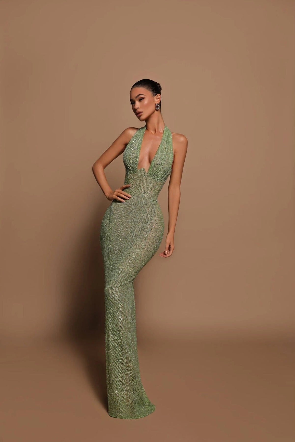 Modinzi Maxi dress Luna’s Enchanted Emerald Gown – Shimmering Halter Neck Sequin Maxi Dress