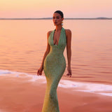 Modinzi Maxi dress Luna’s Enchanted Emerald Gown – Shimmering Halter Neck Sequin Maxi Dress