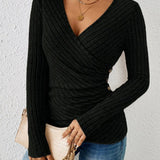 Modinzi black / 6 (XS) Lyra Drape – Textured Wrap Knit Top