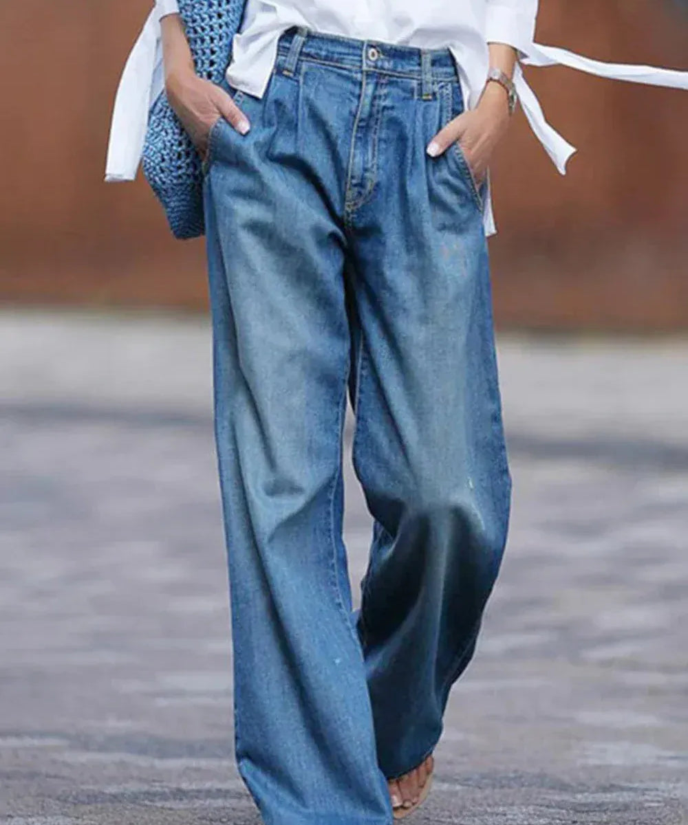 Modinzi Blue / 6 (XS) Mara Drape – Pleated Wide-Leg Jeans