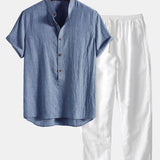Modinzi mens set Blue / S Men’s Casual Linen Set – Short Sleeve Shirt and Elastic Waist Pants