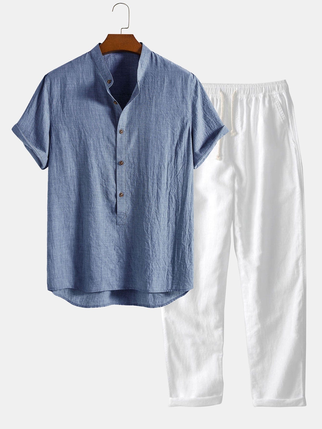 Modinzi mens set Blue / S Men’s Casual Linen Set – Short Sleeve Shirt and Elastic Waist Pants