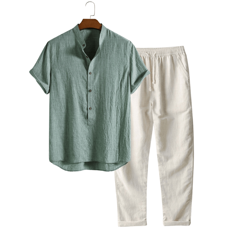 Modinzi mens set Green / S Men’s Casual Linen Set – Short Sleeve Shirt and Elastic Waist Pants