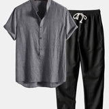 Modinzi mens set Grey / S Men’s Casual Linen Set – Short Sleeve Shirt and Elastic Waist Pants