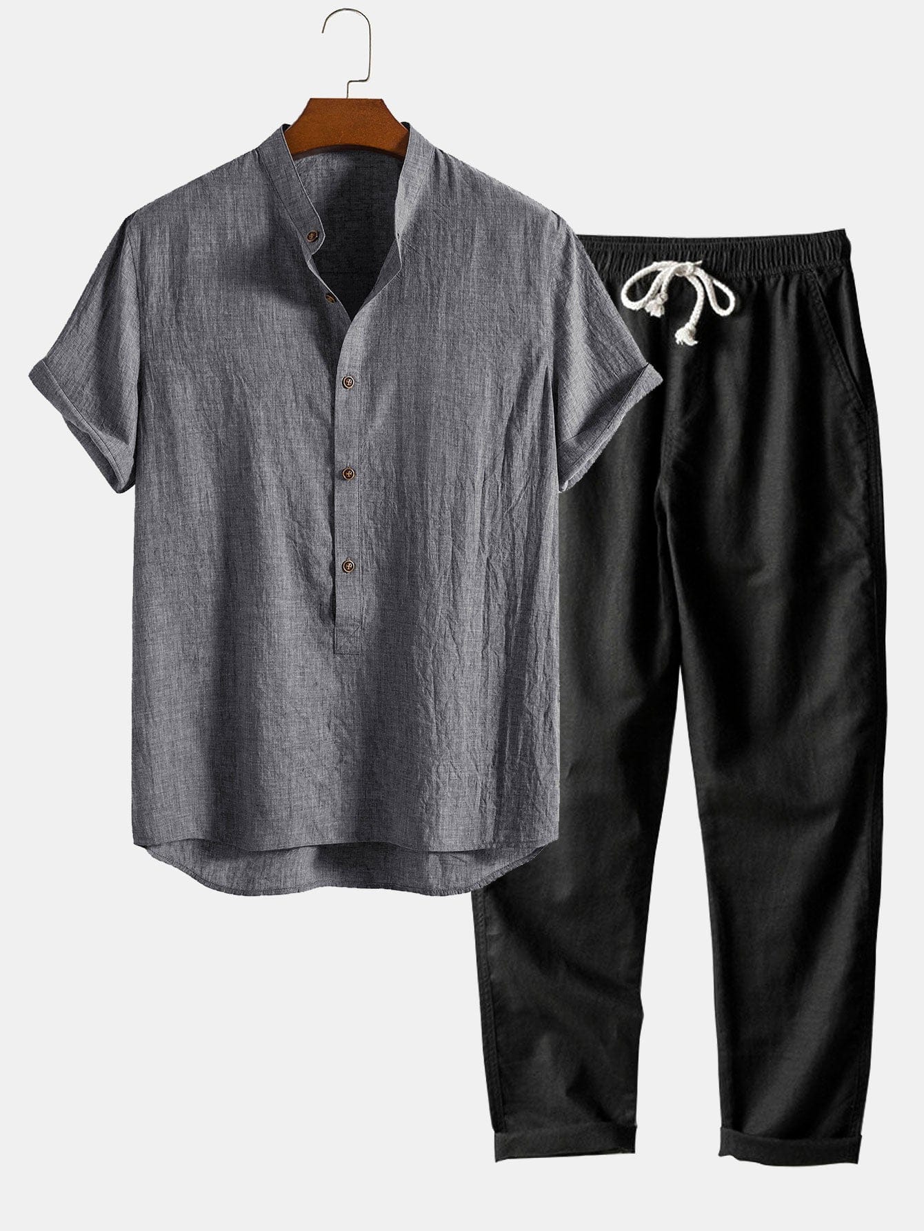 Modinzi mens set Grey / S Men’s Casual Linen Set – Short Sleeve Shirt and Elastic Waist Pants