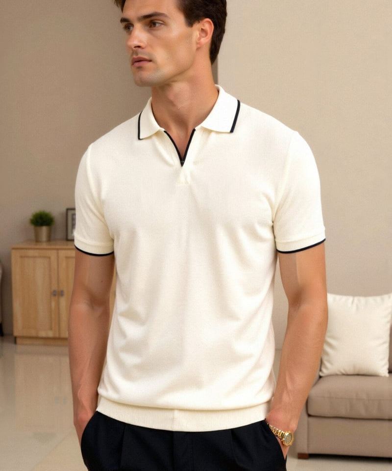 Modinzi men Shirts Beige / S Men’s Contrast Trim Polo Shirt – Short Sleeve Smart Casual Knit Top