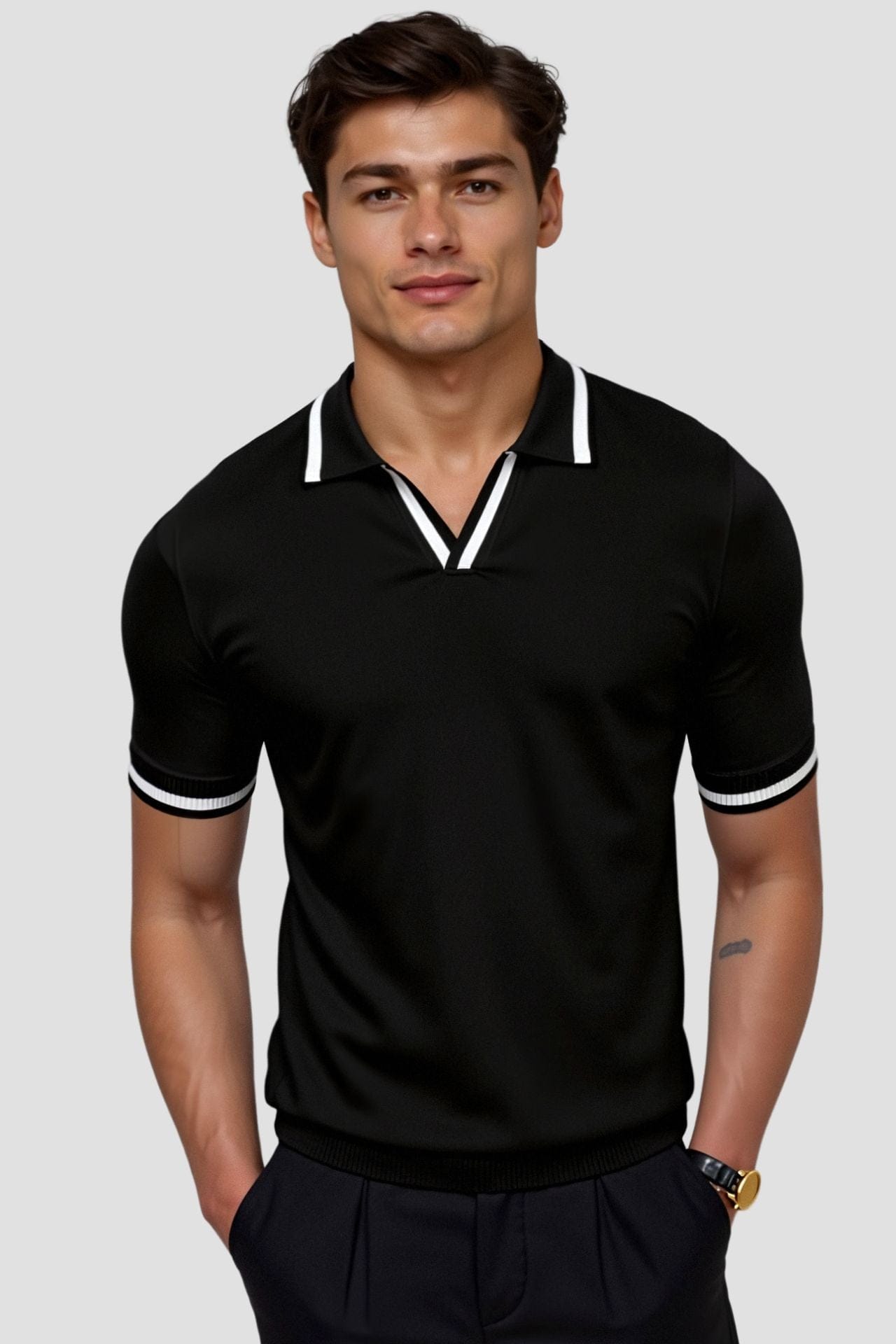 Modinzi men Shirts black / S Men’s Contrast Trim Polo Shirt – Short Sleeve Smart Casual Knit Top