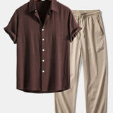 Modinzi mens set Brown / S Men’s Linen Short Sleeve Shirt and Casual Trousers Set – Lightweight Summer Outfit