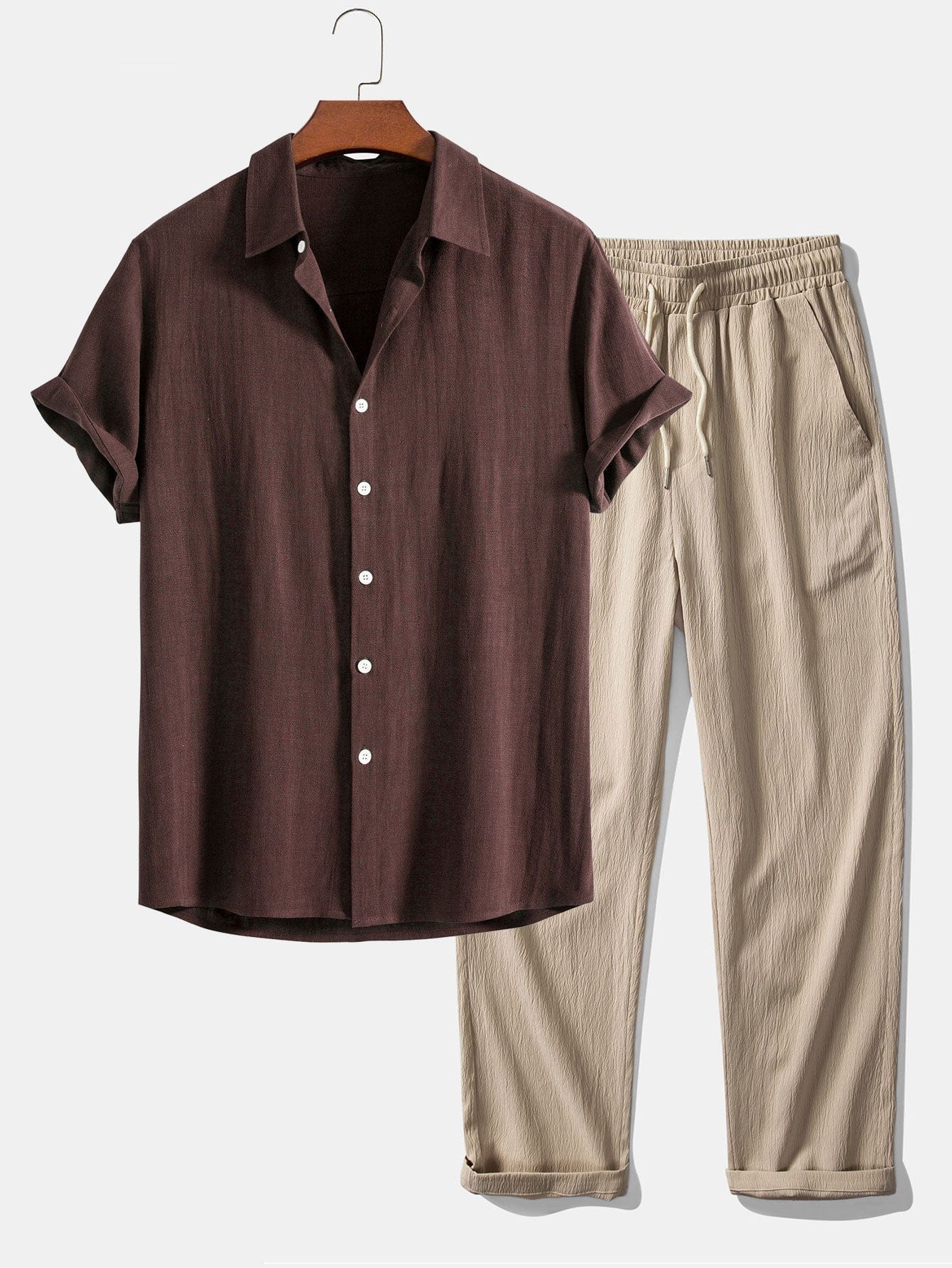 Modinzi mens set Brown / S Men’s Linen Short Sleeve Shirt and Casual Trousers Set – Lightweight Summer Outfit