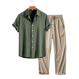 Modinzi mens set Green / S Men’s Linen Short Sleeve Shirt and Casual Trousers Set – Lightweight Summer Outfit