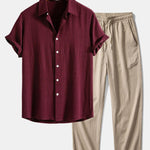 Modinzi mens set maroon / S Men’s Linen Short Sleeve Shirt and Casual Trousers Set – Lightweight Summer Outfit