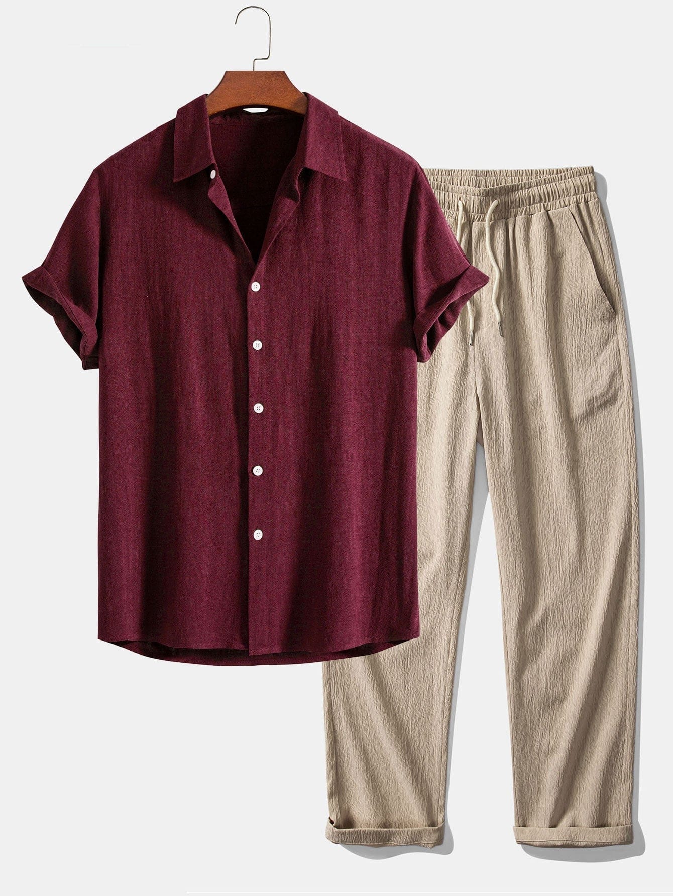 Modinzi mens set maroon / S Men’s Linen Short Sleeve Shirt and Casual Trousers Set – Lightweight Summer Outfit