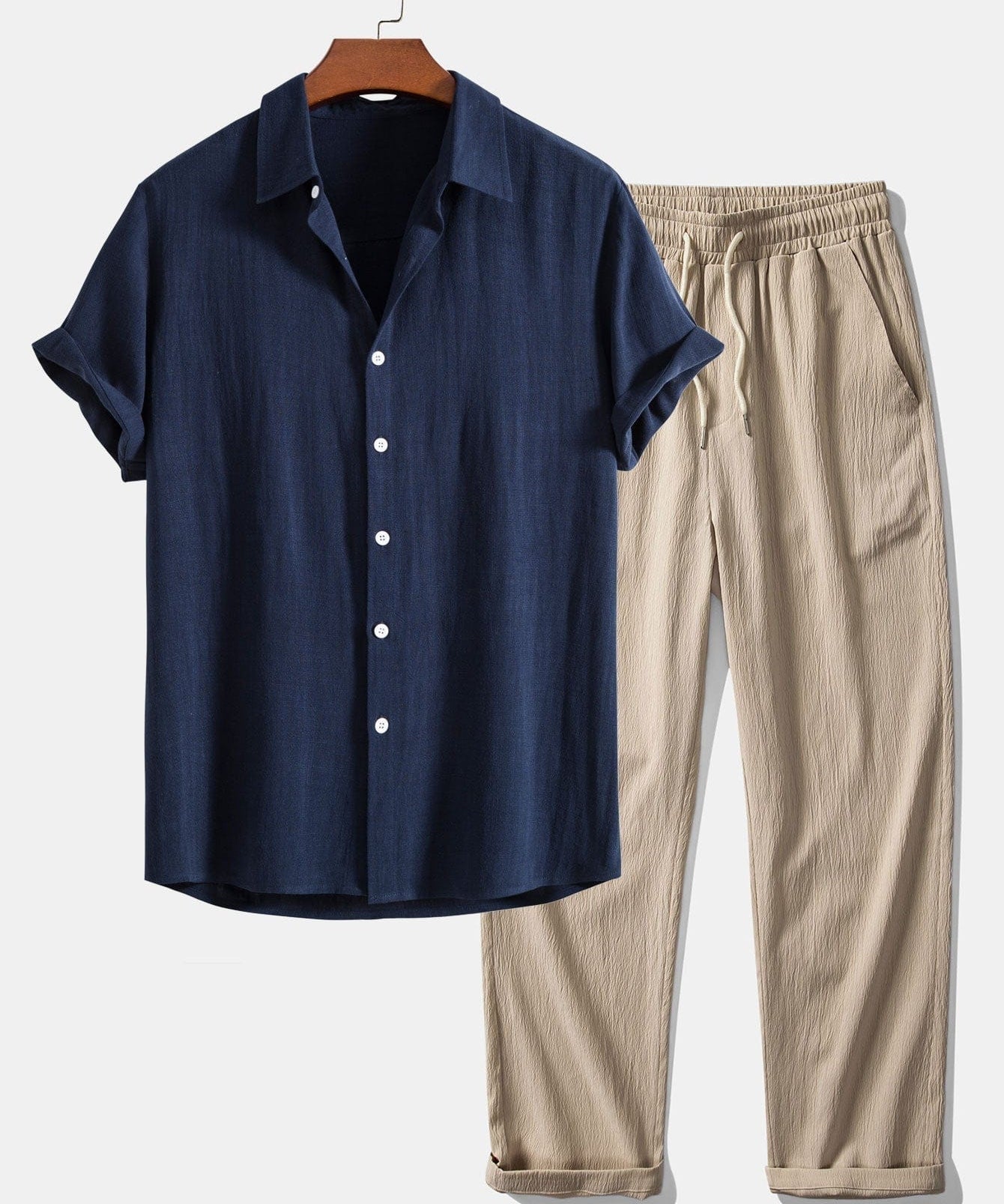 Modinzi mens set Navy / S Men’s Linen Short Sleeve Shirt and Casual Trousers Set – Lightweight Summer Outfit
