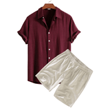 Modinzi mens set maroon / S Men’s Linen Short Sleeve Shirt and Shorts Set – Lightweight Summer Two-Piece Outfit