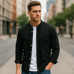 Modinzi mens Shirts black / S Men's Mandarin Collar Casual Button Down Shirt – Long Sleeve Lightweight Cotton Top