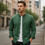 Modinzi mens Shirts Green / S Men's Mandarin Collar Casual Button Down Shirt – Long Sleeve Lightweight Cotton Top