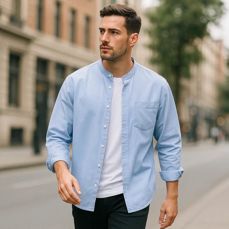 Modinzi mens Shirts light blue / S Men's Mandarin Collar Casual Button Down Shirt – Long Sleeve Lightweight Cotton Top