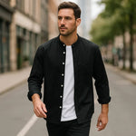 Modinzi mens Shirts Men's Mandarin Collar Casual Button Down Shirt – Long Sleeve Lightweight Cotton Top